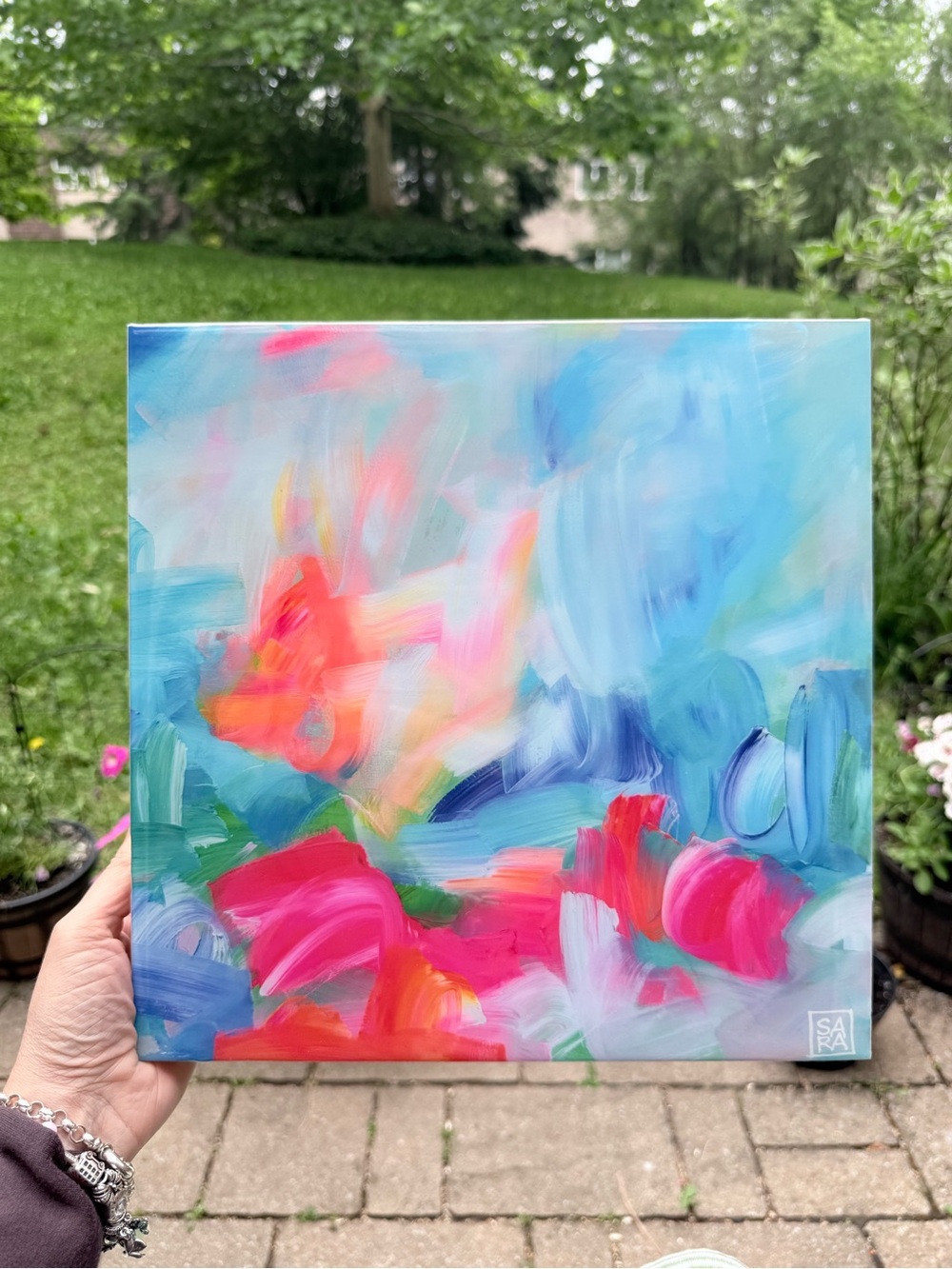 Sara Vibrant Abstract Floral Painting in Pink, Blue & Green